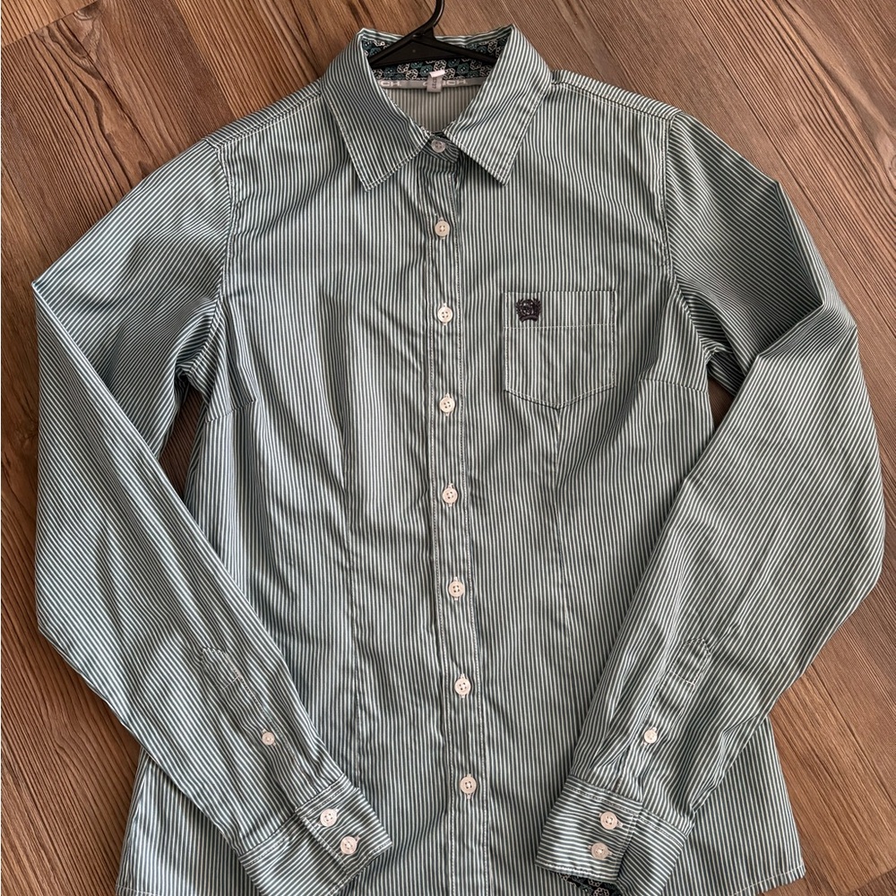 Cinch Green and White Striped Button-Down Shirt